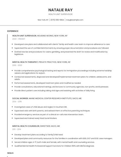 Health Unit Supervisor Resume