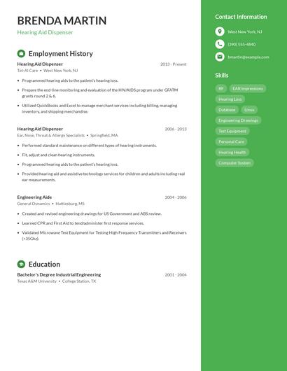 Hearing Aid Dispenser Resume