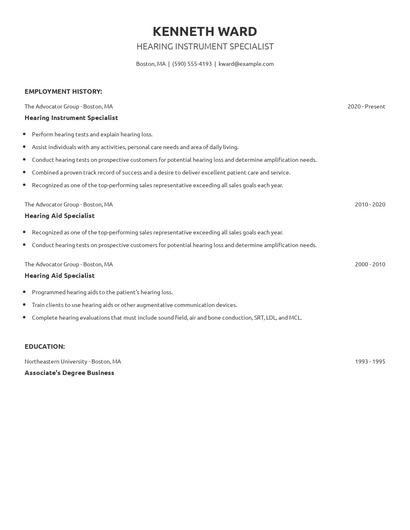 Hearing Instrument Specialist Resume