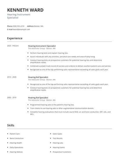 Hearing Instrument Specialist Resume