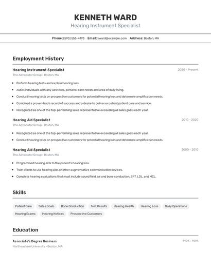 Hearing Instrument Specialist Resume