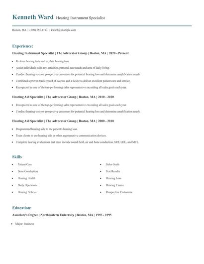 Hearing Instrument Specialist Resume