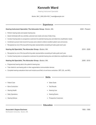 Hearing Instrument Specialist Resume