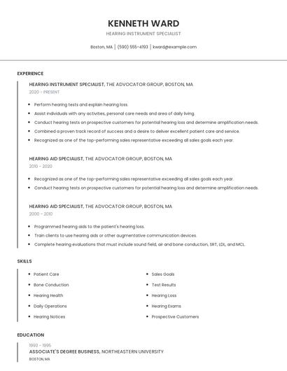 Hearing Instrument Specialist Resume