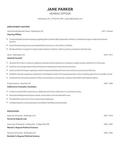 Hearing Officer Resume