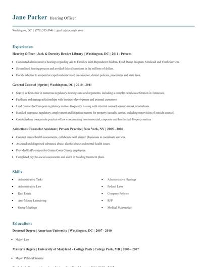Hearing Officer Resume