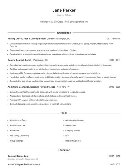 Hearing Officer Resume