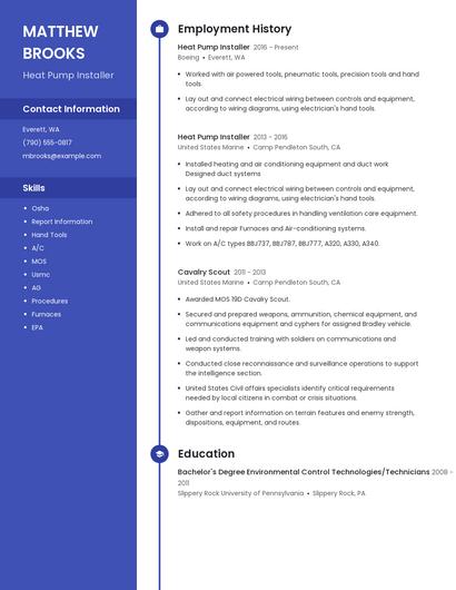 Heat Pump Installer Resume