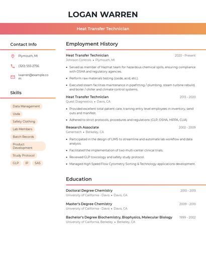 Heat Transfer Technician Resume
