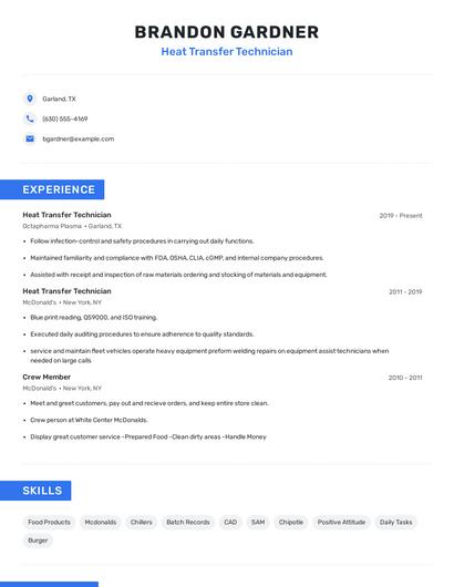 Heat Transfer Technician Resume