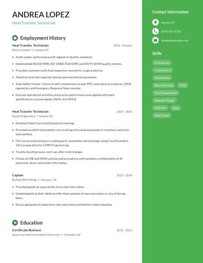 Heat Transfer Technician Resume