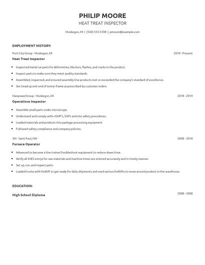 Heat Treat Inspector Resume