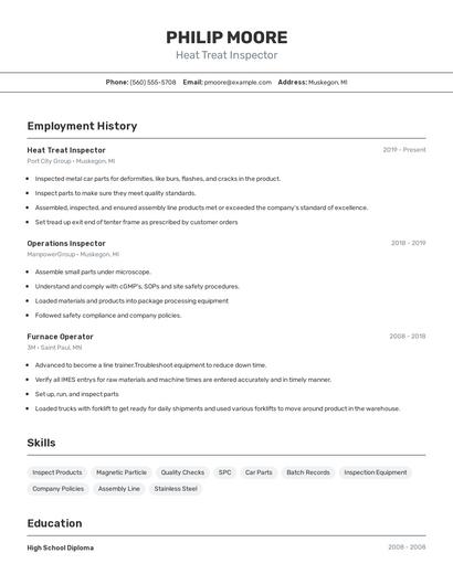 Heat Treat Inspector Resume