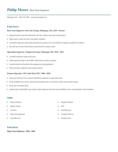 Heat Treat Inspector Resume