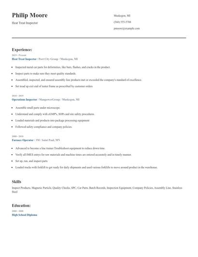 Heat Treat Inspector Resume