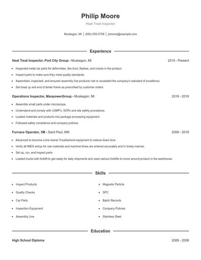 Heat Treat Inspector Resume