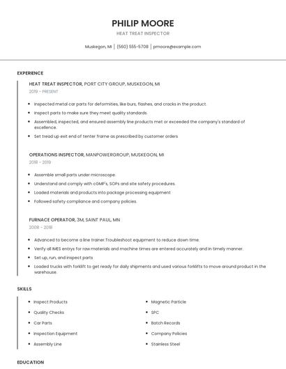 Heat Treat Inspector Resume