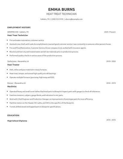 Heat Treat Technician Resume