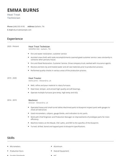Heat Treat Technician Resume