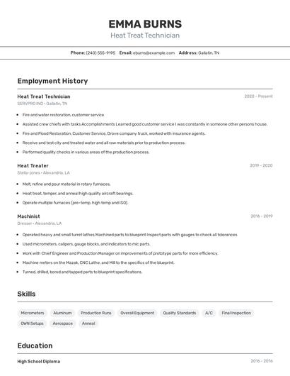 Heat Treat Technician Resume