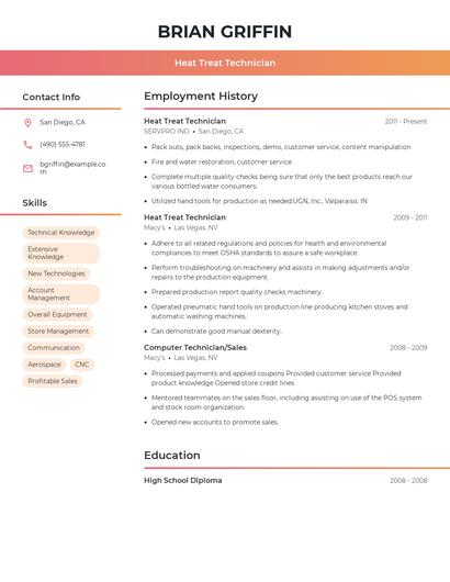 Heat Treat Technician Resume