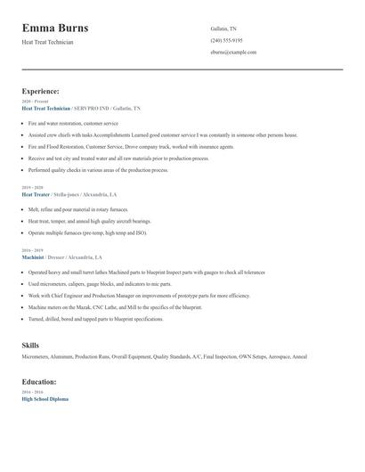 Heat Treat Technician Resume