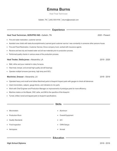 Heat Treat Technician Resume