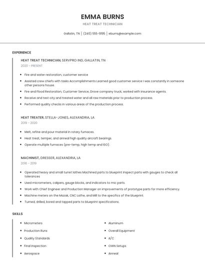 Heat Treat Technician Resume