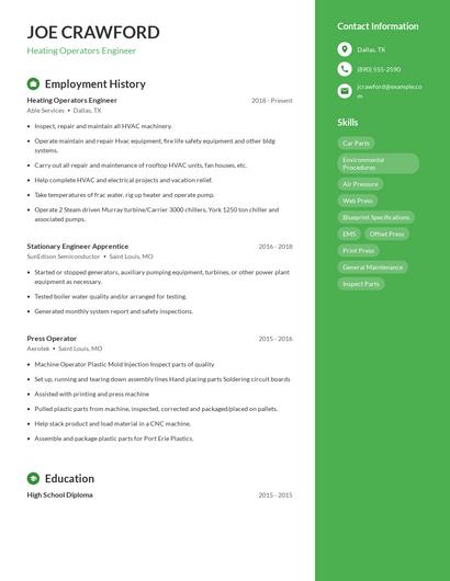 Heating Operators Engineer Resume