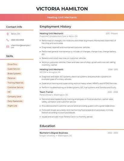 Heating Unit Mechanic Resume