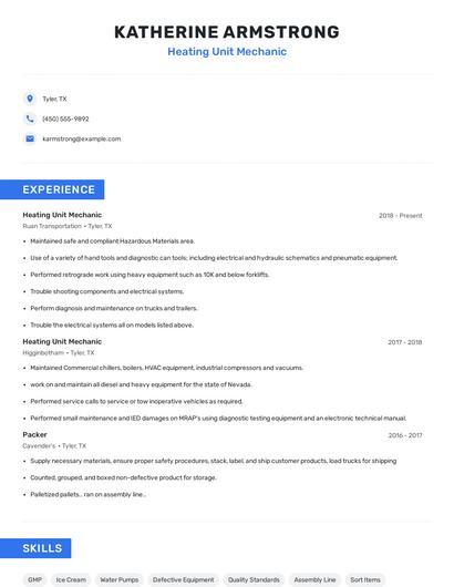 Heating Unit Mechanic Resume