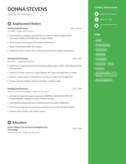 Heating Unit Mechanic Resume