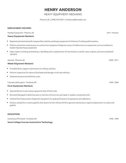 Heavy Equipment Mechanic Resume