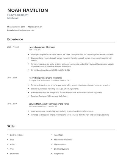 Heavy Equipment Mechanic Resume
