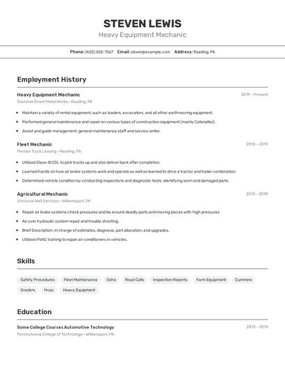 Heavy Equipment Mechanic Resume