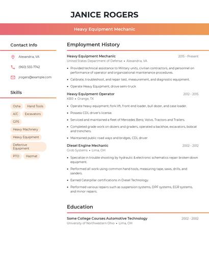 Heavy Equipment Mechanic Resume