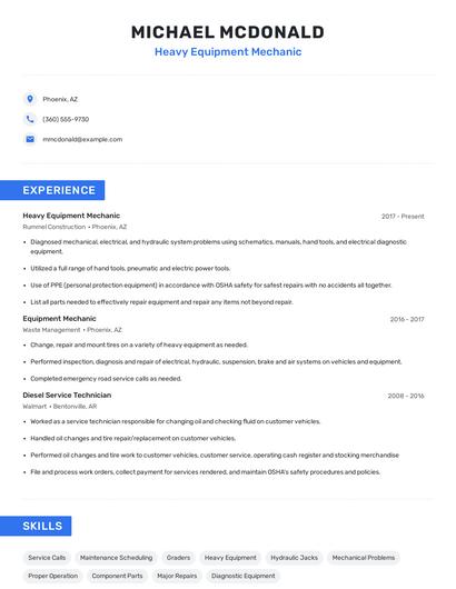 Heavy Equipment Mechanic Resume