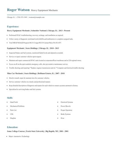 Heavy Equipment Mechanic Resume