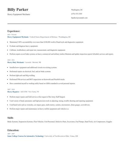 Heavy Equipment Mechanic Resume