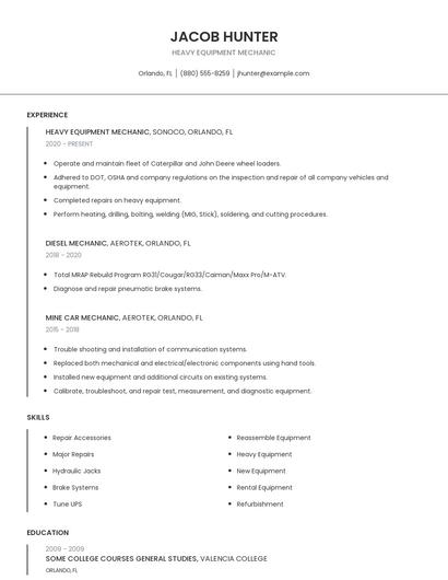 Heavy Equipment Mechanic Resume