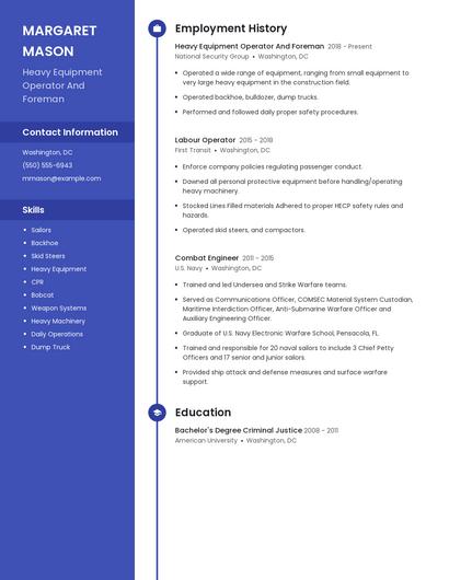Heavy Equipment Operator And Foreman Resume