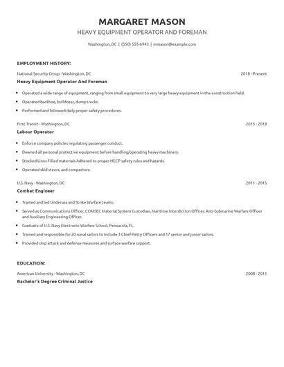Heavy Equipment Operator And Foreman Resume