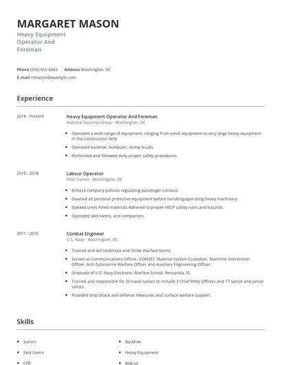 Heavy Equipment Operator And Foreman Resume