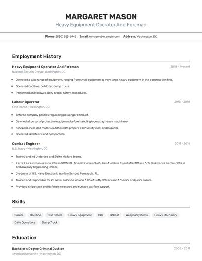 Heavy Equipment Operator And Foreman Resume