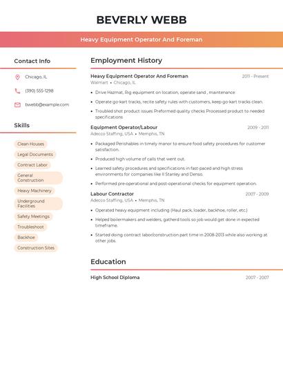 Heavy Equipment Operator And Foreman Resume
