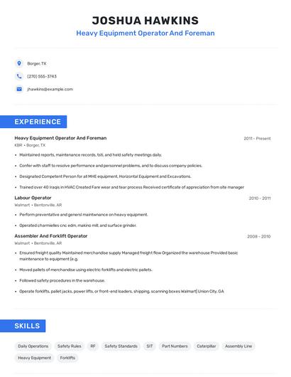 Heavy Equipment Operator And Foreman Resume