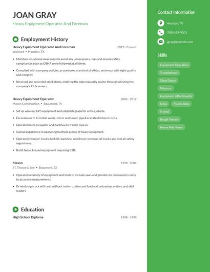 Heavy Equipment Operator And Foreman Resume