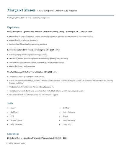 Heavy Equipment Operator And Foreman Resume