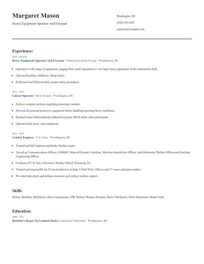 Heavy Equipment Operator And Foreman Resume