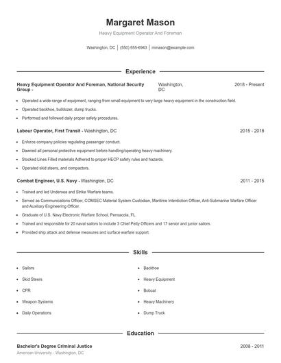 Heavy Equipment Operator And Foreman Resume